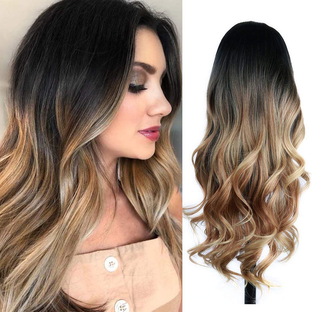 Roll over image to zoom in Quantum Love Wigs Ombre Wig Black to Light Brown Side Part Long Wavy Wig Heat Resistant Synthetic Daily Party Wig for Women (Ombre Black to Light Brown)